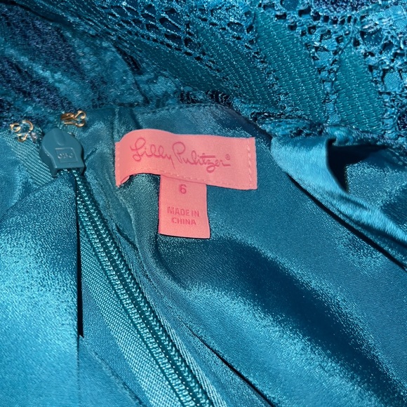 Lilly Pulitzer Kayleigh Teal Tidal Wave Midi Shift Dress Sz 6 Eyelash Lace Tie - Picture 5 of 6